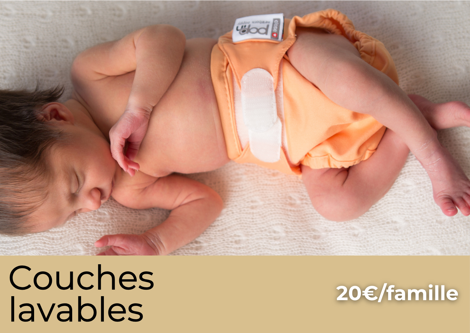 Couches lavables, bébé en couche, tarif de l'atelier 20 euros par famille